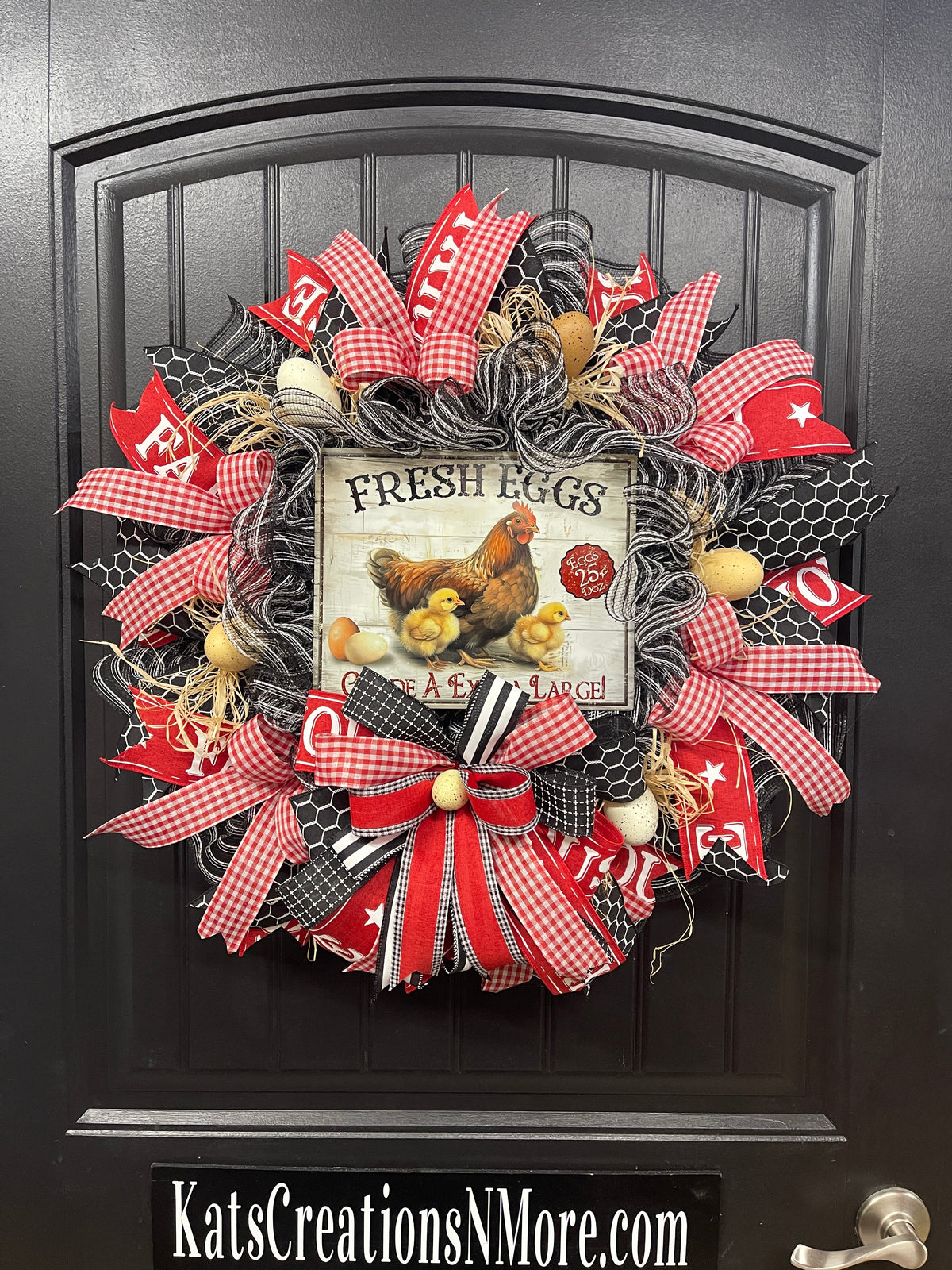 Farmhouse Chicken Wreath, Fresh Eggs Front Door Wreath, Rustic Chicken Wreath, Country Farmhouse Decor, Red Gingham Spring Summer Wreath, KatsCreationsNMore
