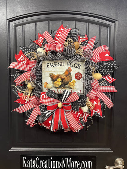 Farmhouse Chicken Wreath, Fresh Eggs Front Door Wreath, Rustic Chicken Wreath, Country Farmhouse Decor, Red Gingham Spring Summer Wreath, KatsCreationsNMore