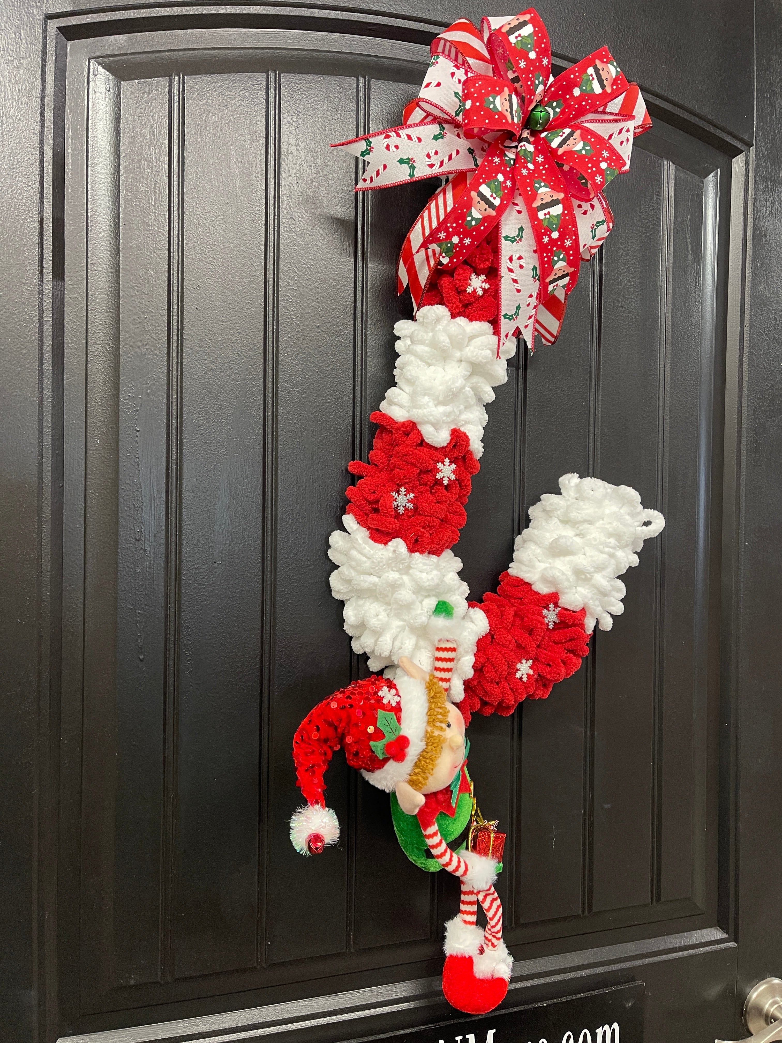 Candy Cane Christmas Elf Wreath, Holiday Yarn Front Door Decor, KatsCreationsNMore