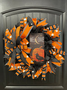 Halloween Welcome Wreath with Pumpkin & Raven Sign | Black & Orange Deco Mesh Front Door Wreath | Spooky Fall Porch Decor Handmade