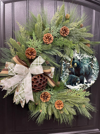 Black Bear Welcome Grapevine Wreath, Balsam and Pine Front Door Decor, KatsCreationsNMore