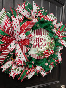 Feliz Navidad Candy Cane Wreath, Hispanic Christmas Front Door Decor, KatsCreationsNMore