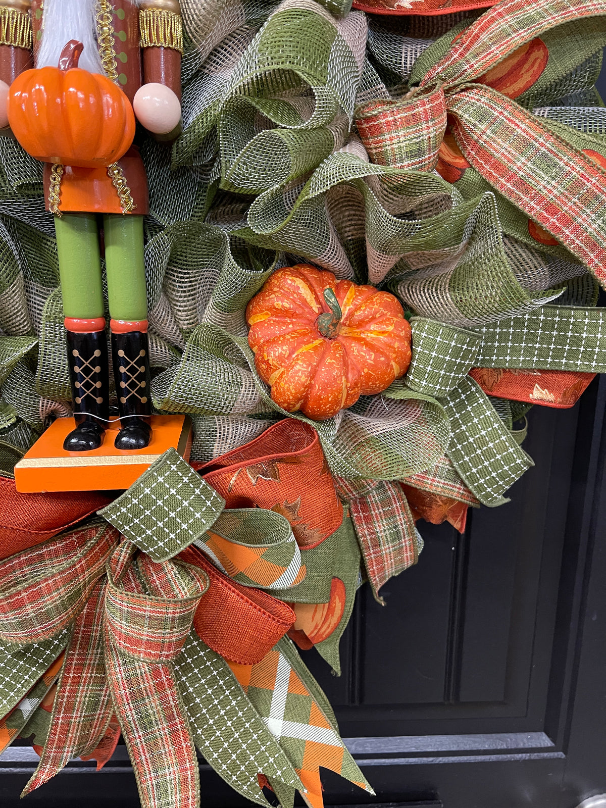 Pumpkin Nutcracker Fall Wreath – Rustic Autumn Front Door Wreath with Pumpkins and Plaid Ribbon