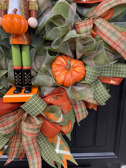 Pumpkin Nutcracker Fall Wreath – Rustic Autumn Front Door Wreath with Pumpkins and Plaid Ribbon