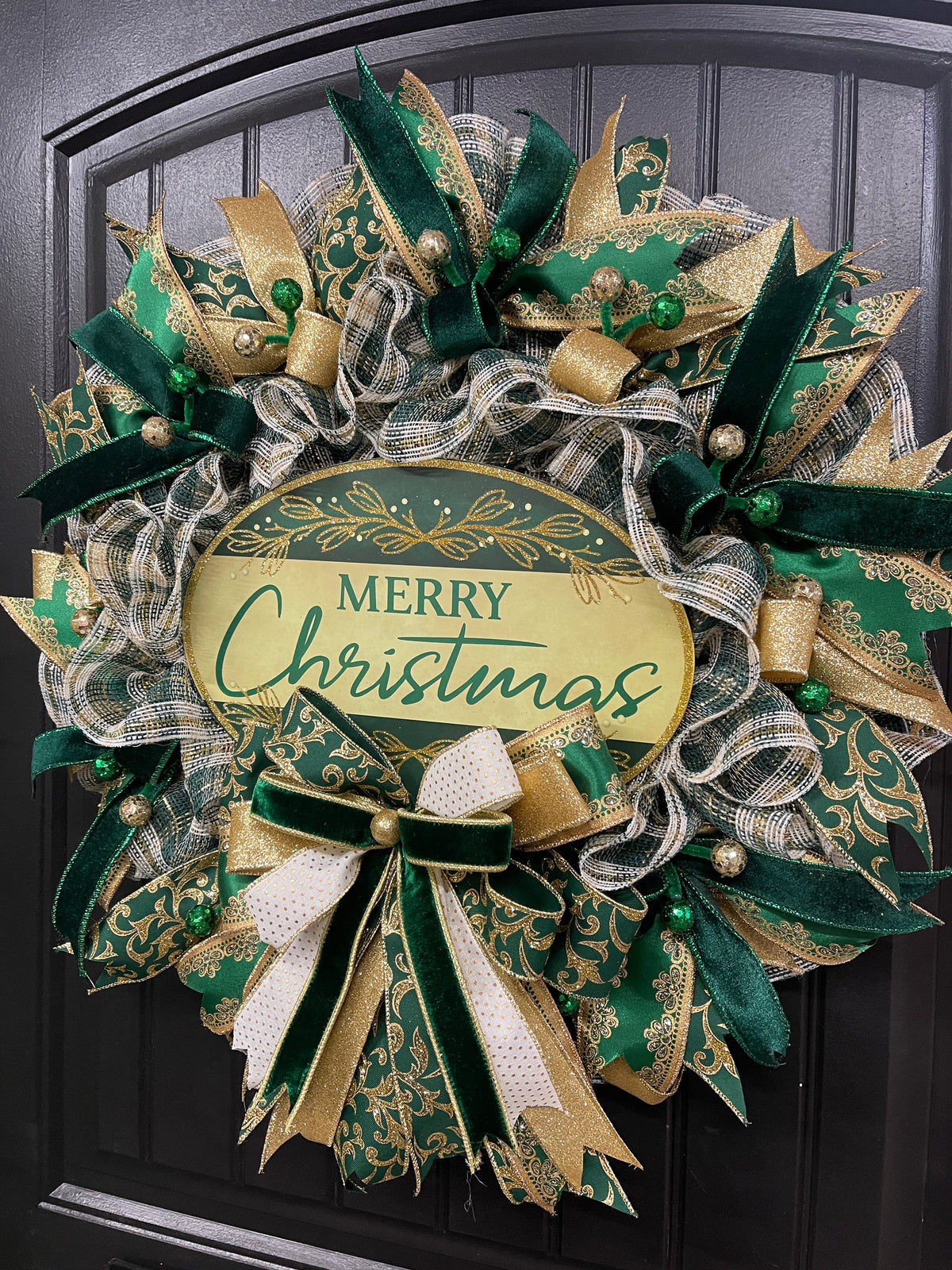 Elegant Victorian Green & Gold Merry Christmas Wreath | Handmade Holiday Door Decor | Velvet Ribbon Christmas Wreath | KatsCreationsNMore