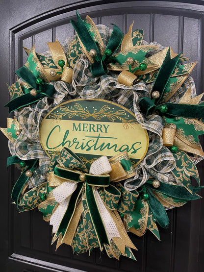 Elegant Victorian Green & Gold Merry Christmas Wreath | Handmade Holiday Door Decor | Velvet Ribbon Christmas Wreath | KatsCreationsNMore