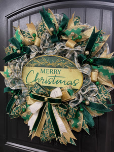 Elegant Green & Gold Merry Christmas Wreath | Handmade Holiday Door Décor | Velvet Ribbon Christmas Wreat