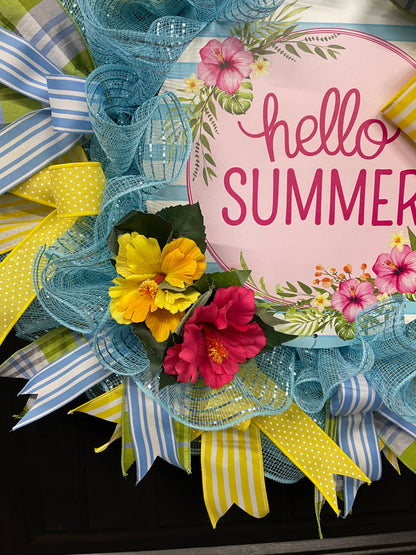 Hello Summer Wreath, Hibiscus Floral Front Door Decor, Beach House Decoration, KatsCreationsNMore