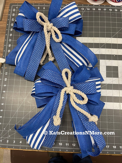 Nautical Blue And White Rope Bow Set, Coastal Lantern Bow, Patriotic Mailbox Bow, Beach House Decor, Front Door Bow Set