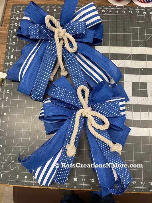 Nautical Blue And White Rope Bow Set, Coastal Lantern Bow, Patriotic Mailbox Bow, Beach House Decor, Front Door Bow Set