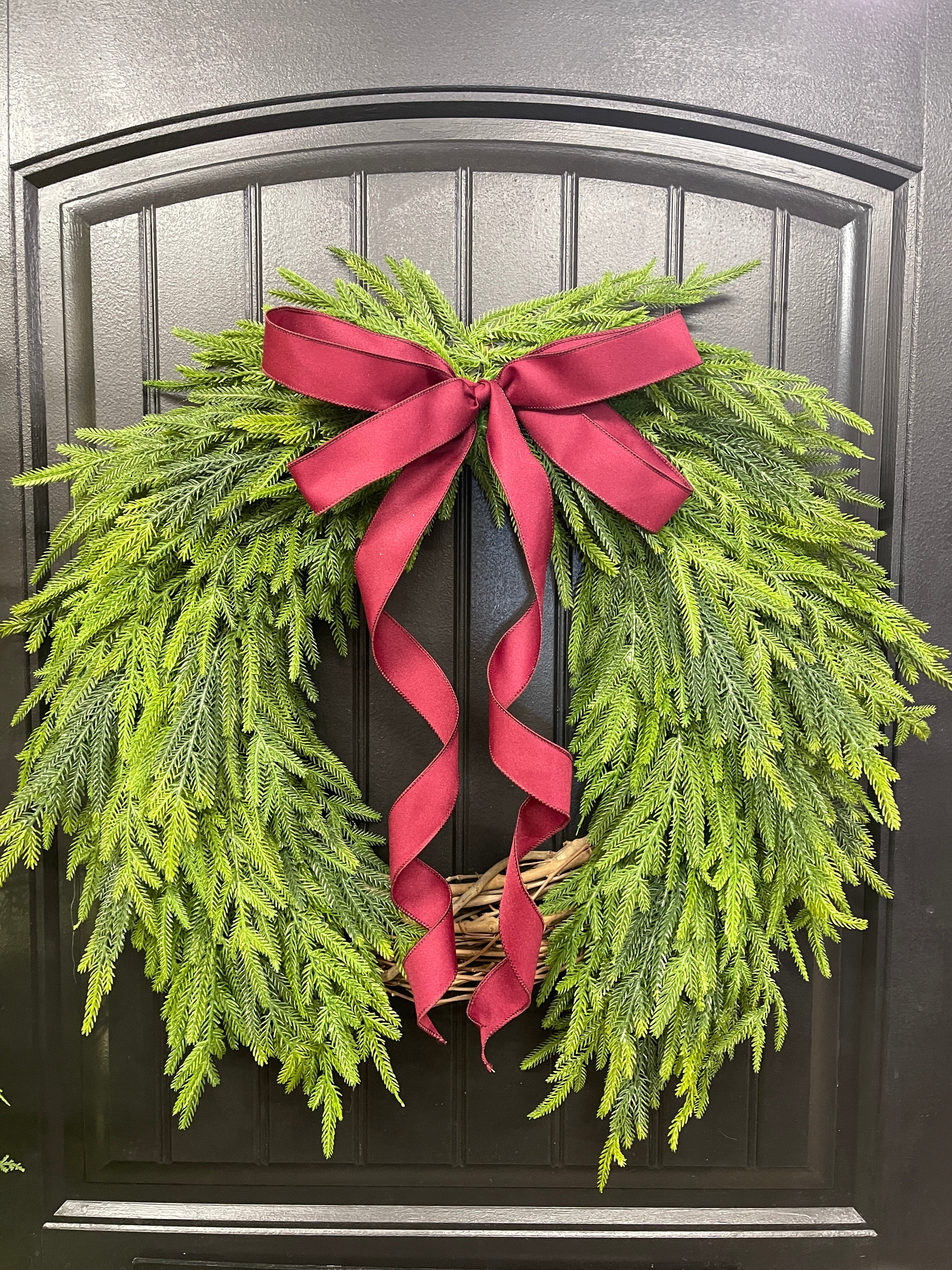 Norfolk Pine Evergreen Wreath, Christmas Grapevine Greenery with Burgundy Bow, KatsCreationsNMore