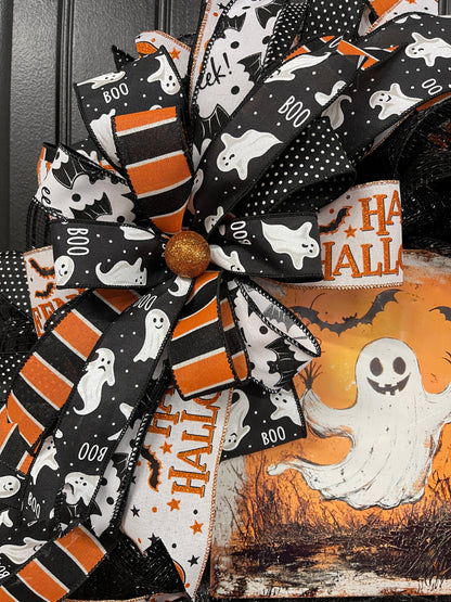 Halloween Ghost Deco Mesh Wreath | Cute Ghost Front Door Wreath | Handmade Halloween Decor | Black Orange Mesh Wreath | Halloween Porch Decor