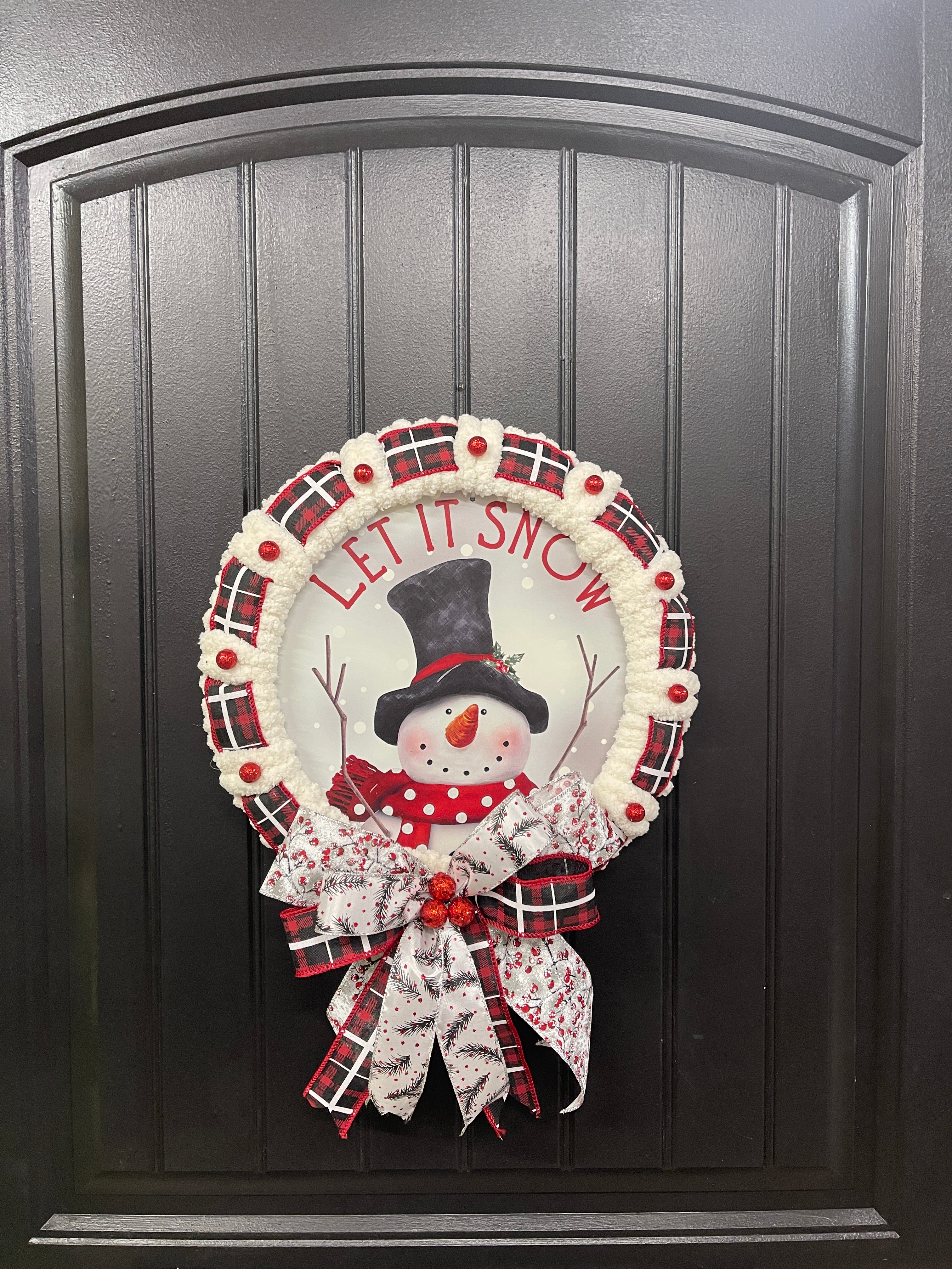 Winter Snowman Let It Snow Wreath, Buffalo Plaid Christmas Storm Door Decor, KatsCreationsNMore