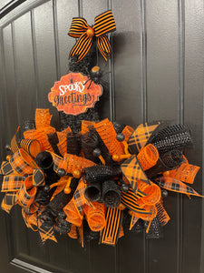 Halloween Witch Hat Spooky Greetings Wreath by KatsCreationsNMore
