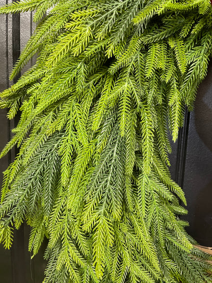 Norfolk Pine Evergreen Wreath, Christmas Grapevine Greenery with Burgundy Bow, KatsCreationsNMore