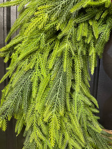 Norfolk Pine Evergreen Wreath, Christmas Grapevine Greenery with Burgundy Bow, KatsCreationsNMore