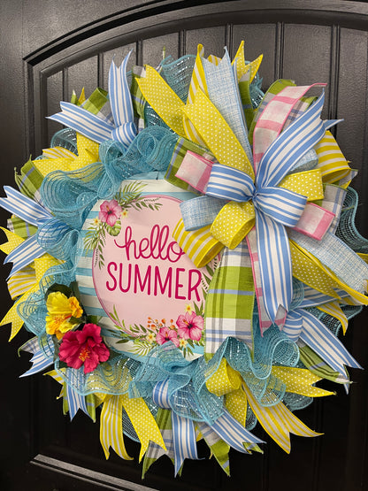 Hello Summer Wreath, Hibiscus Floral Front Door Decor, Beach House Decoration, KatsCreationsNMore