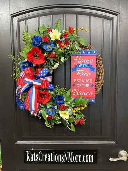 Patriotic Floral Grapevine Wreath with Removable “Home of the Free Because of the Brave” Sign – Red, White & Blue Summer Door Decor – Memorial Day, 4th of July, Veteran Gift, KatsCreationsNMore