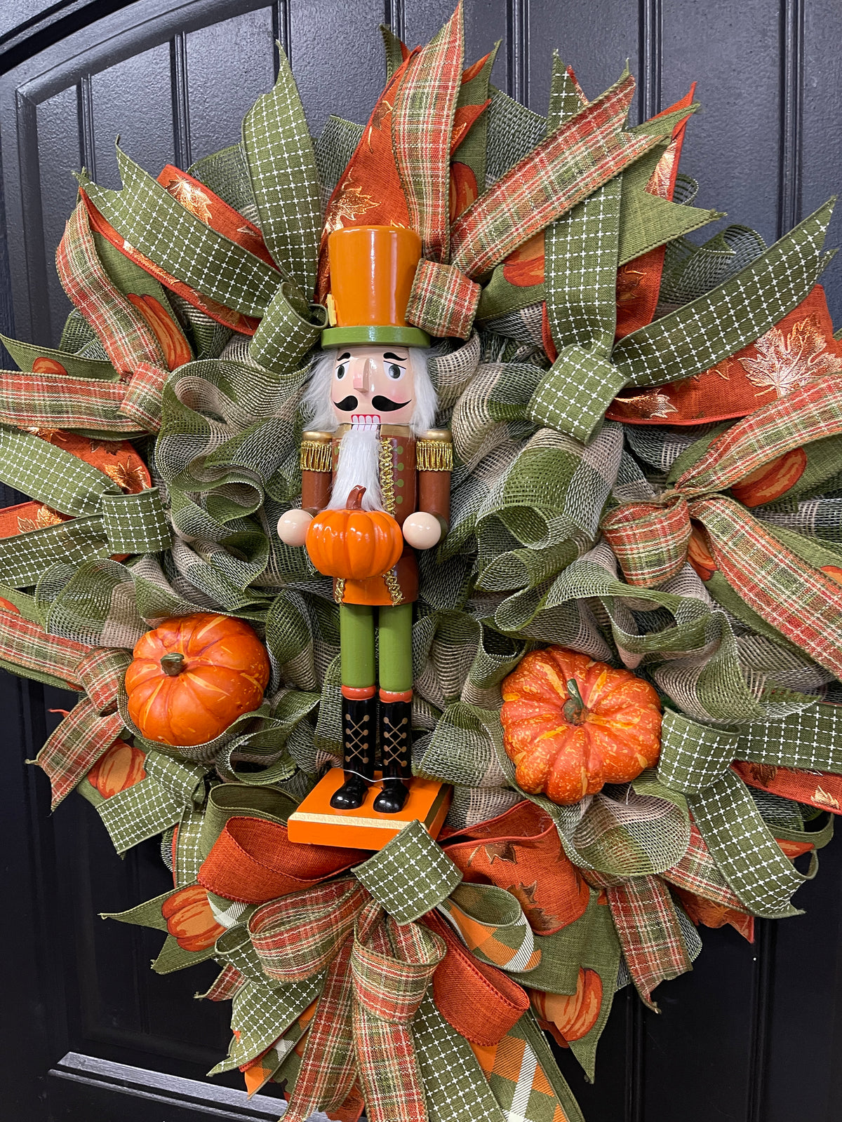 Pumpkin Nutcracker Fall Wreath – Rustic Autumn Front Door Wreath with Pumpkins and Plaid Ribbon