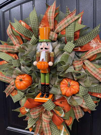 Pumpkin Nutcracker Fall Wreath – Rustic Autumn Front Door Wreath with Pumpkins and Plaid Ribbon