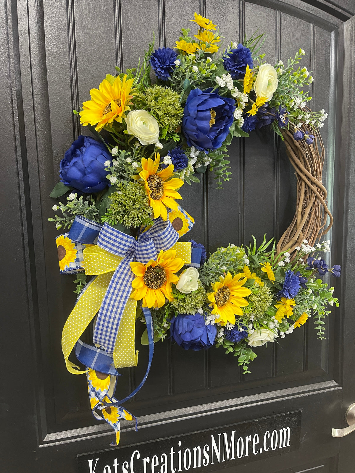Sunflower and Peony Grapevine Wreath – Yellow and Blue Summer Door Decor - KatsCreationsNMore