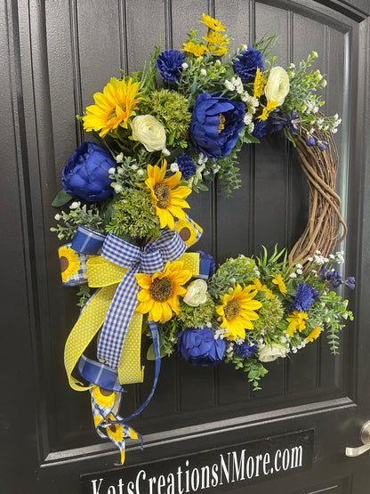 Sunflower and Peony Grapevine Wreath – Yellow and Blue Summer Door Decor - KatsCreationsNMore