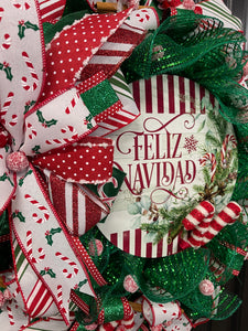 Feliz Navidad Candy Cane Wreath, Hispanic Christmas Front Door Decor, KatsCreationsNMore