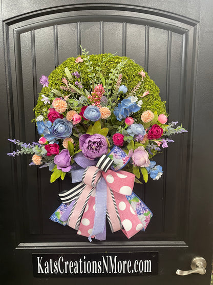 Spring Meadow Floral Moss  Wreath, Everyday Flower Front Door Decor, KatsCreationsNMore