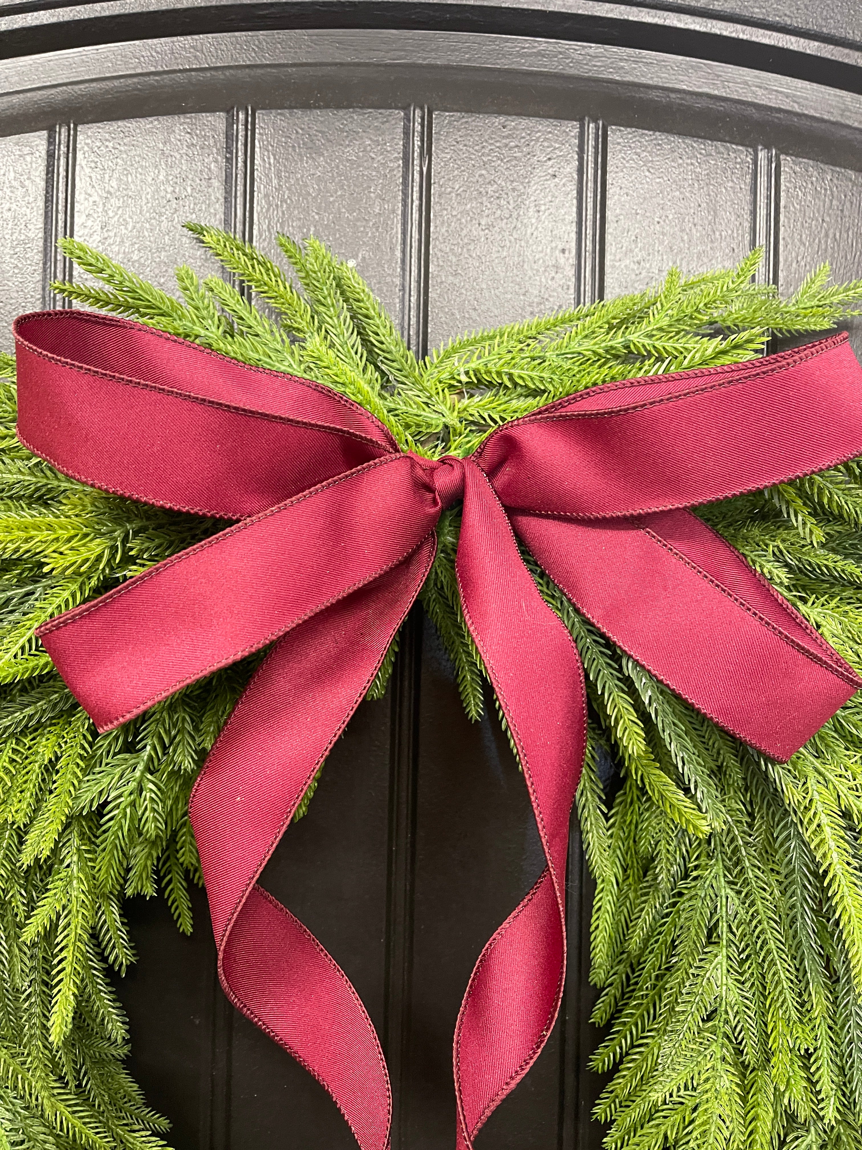 Norfolk Pine Evergreen Wreath, Christmas Grapevine Greenery with Burgundy Bow, KatsCreationsNMore