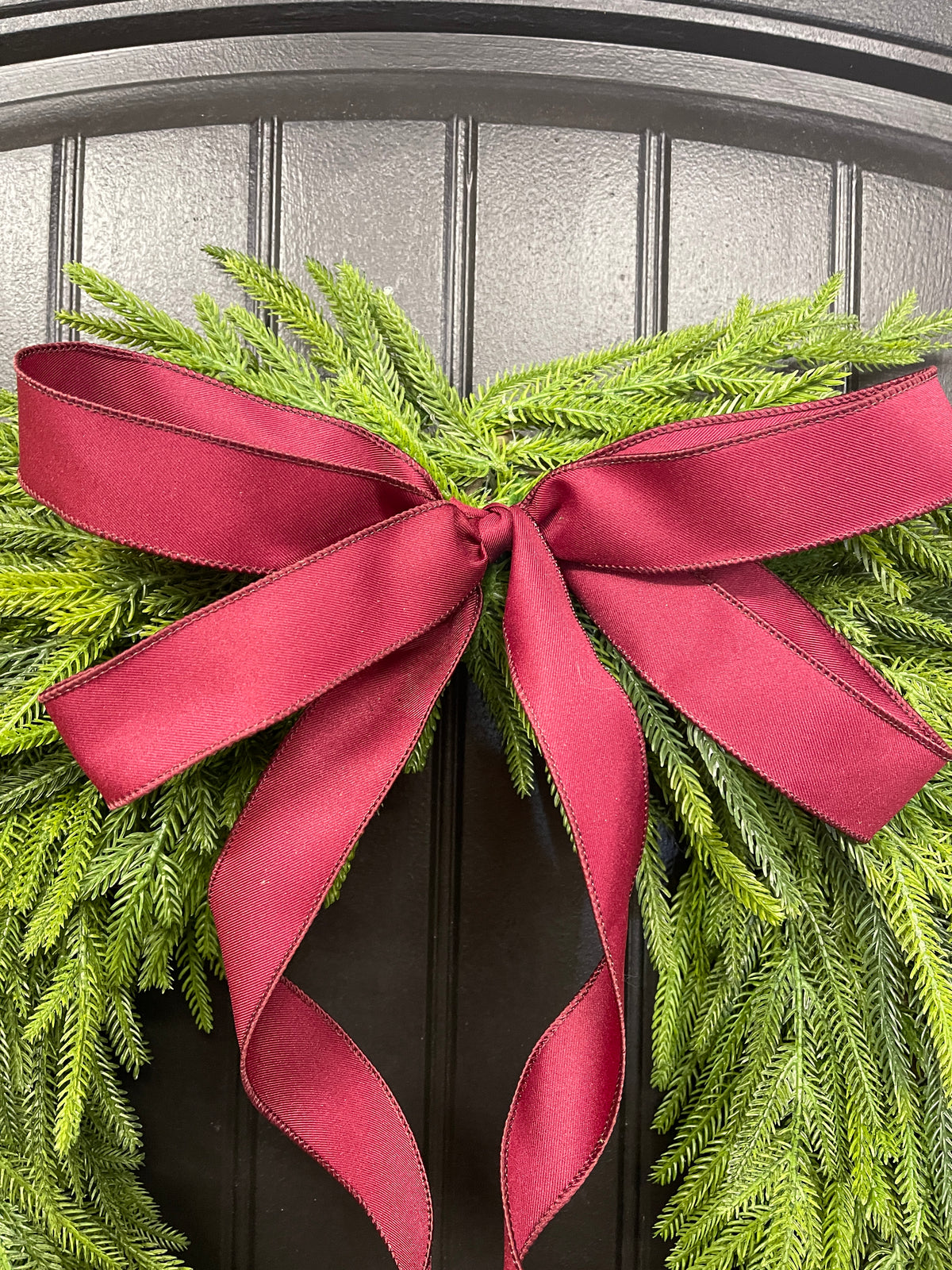 Norfolk Pine Evergreen Wreath, Christmas Grapevine Greenery with Burgundy Bow, KatsCreationsNMore