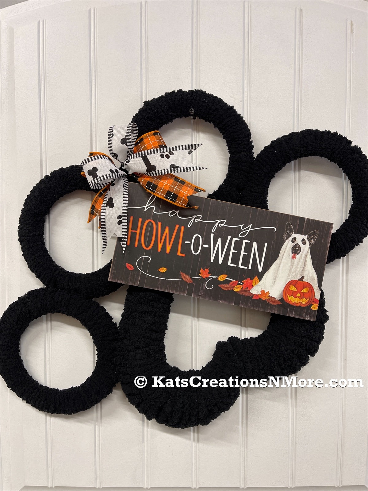 Black Dog Paw Print Chenille Yarn Happy Halloween Wreath by KatsCreationsNMore