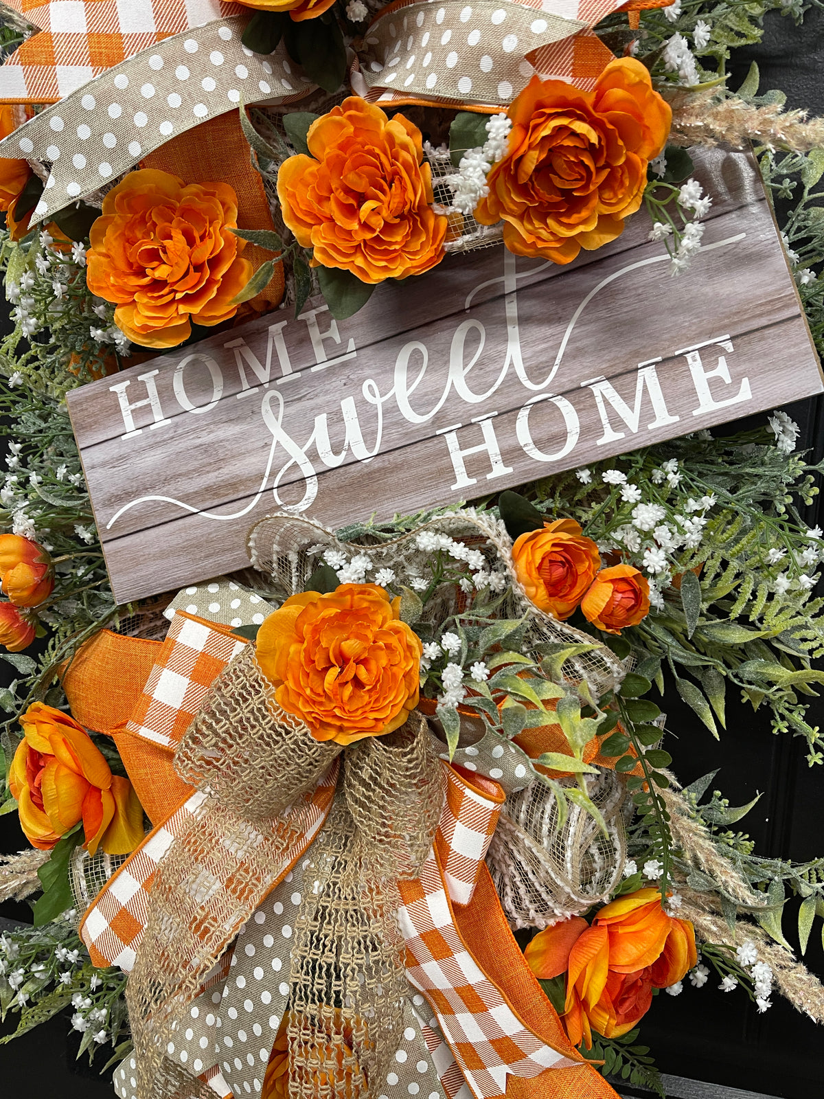 Home Sweet Home Vertical Swag with Orange Ranunculus and Rustic Gingham Bow – Farmhouse Door Hanger, KatsCreationsNMore