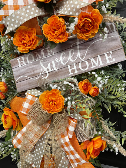 Home Sweet Home Vertical Swag with Orange Ranunculus and Rustic Gingham Bow – Farmhouse Door Hanger, KatsCreationsNMore