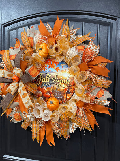Pumpkin Fallelujah Wreath with Cinnamon Sticks – Cozy Farmhouse Autumn Door Décor, KatsCreationsNMore