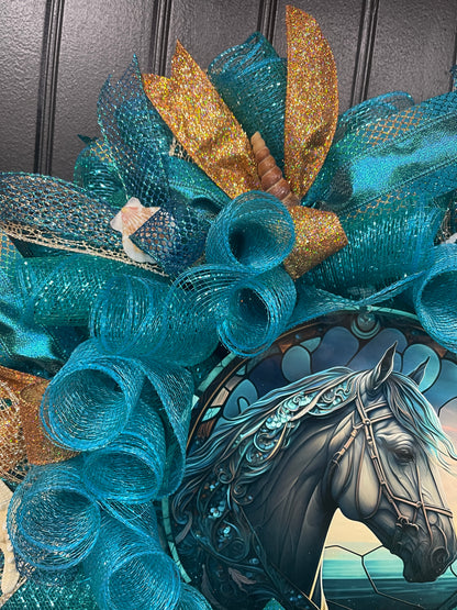 Ethereal Sea Horse Beach Wreath, Fantasy Ocean Lover Front Door Decor, KatsCreationsNMore