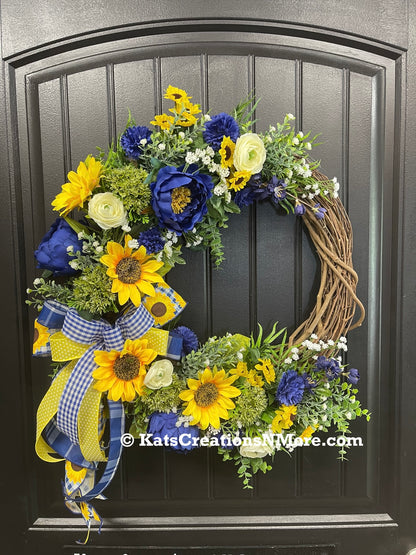 Sunflower and Peony Grapevine Wreath – Yellow and Blue Summer Door Decor - KatsCreationsNMore