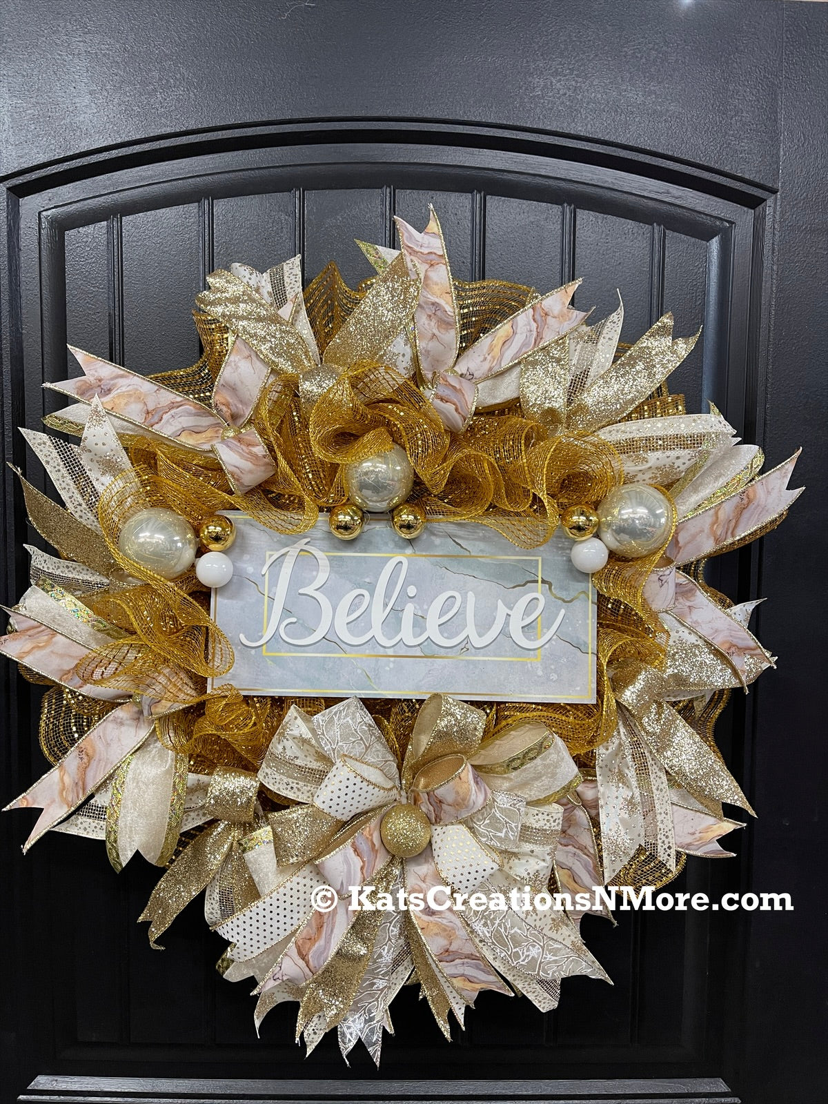 Gold Marble Believe Christmas Wreath, Metallic Holiday Front Door Decor, KatsCreationsNMore