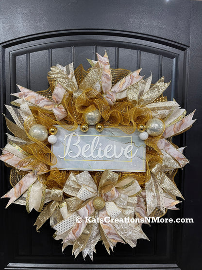 Gold Marble Believe Christmas Wreath, Metallic Holiday Front Door Decor, KatsCreationsNMore