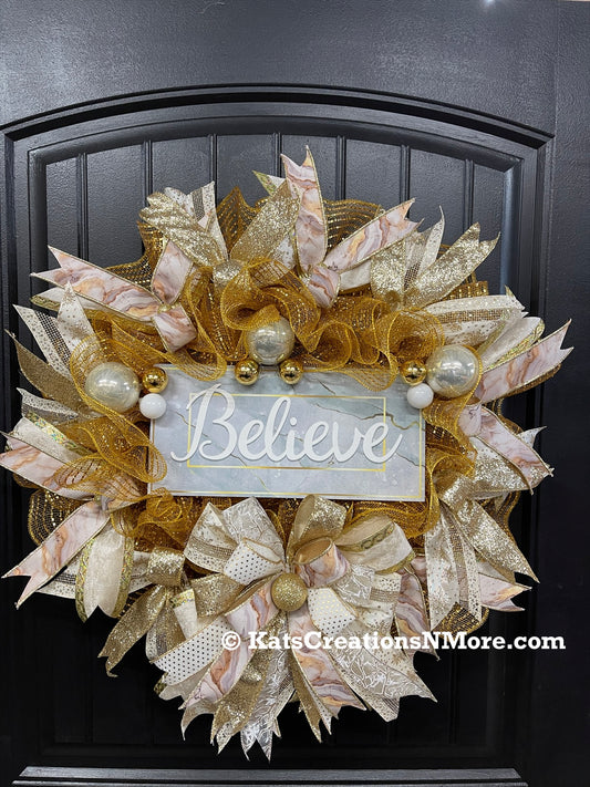 Gold Marble Believe Christmas Wreath, Metallic Holiday Front Door Decor, KatsCreationsNMore