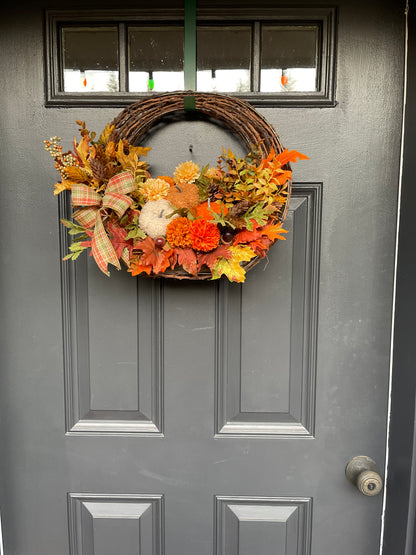Fall Floral Basket, Pumpkin Grapevine Door Hanger, Autumn Floral Arrangement, Rustic Fall Front Door, Ready to Ship