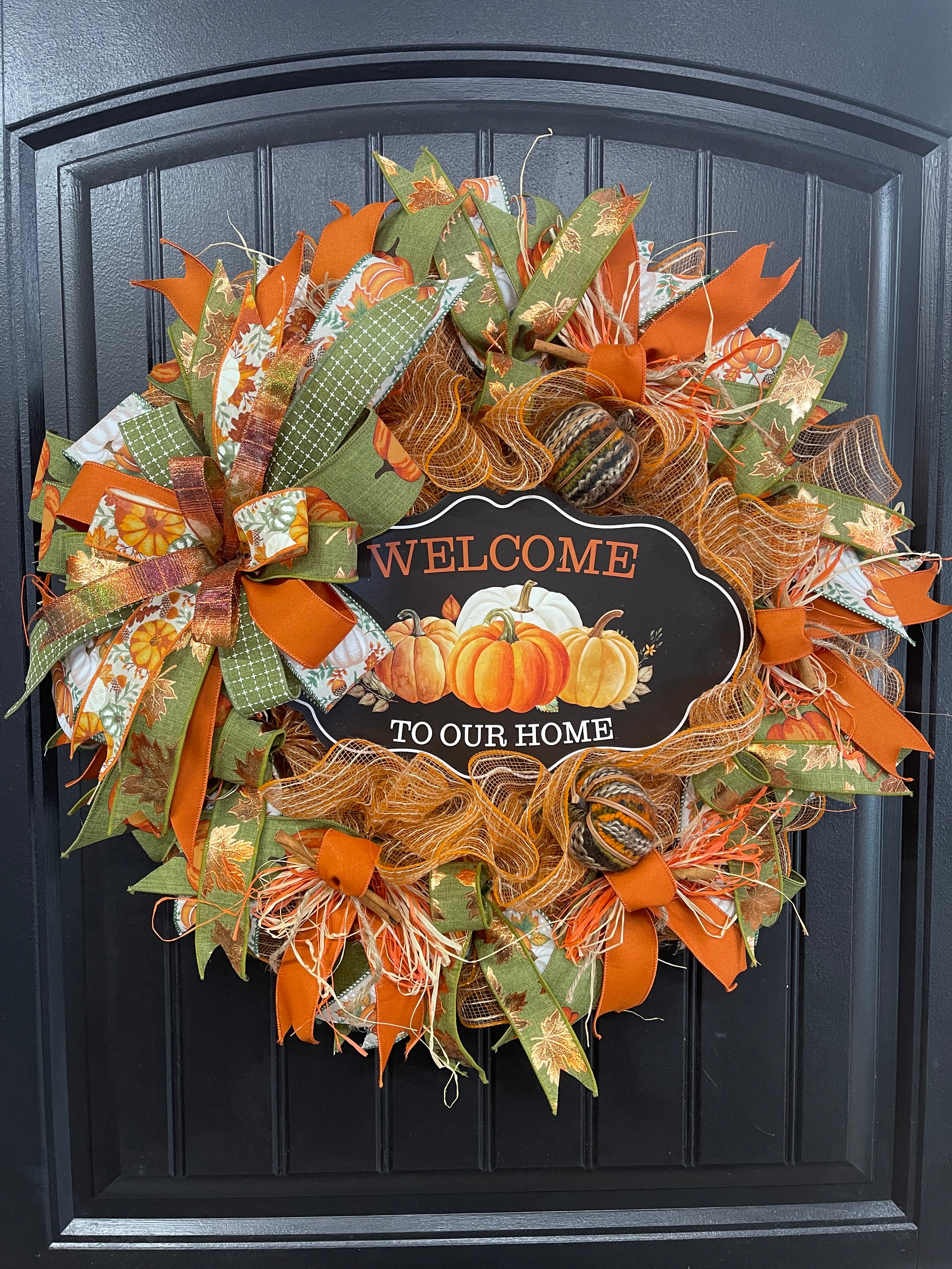 Welcome to Our Home Fall Pumpkin Wreath – Handmade Autumn Front Door Décor with Pumpkins, Cinnamon Sticks, Raffia & Rustic Ribbons, KatsCreationsNMore