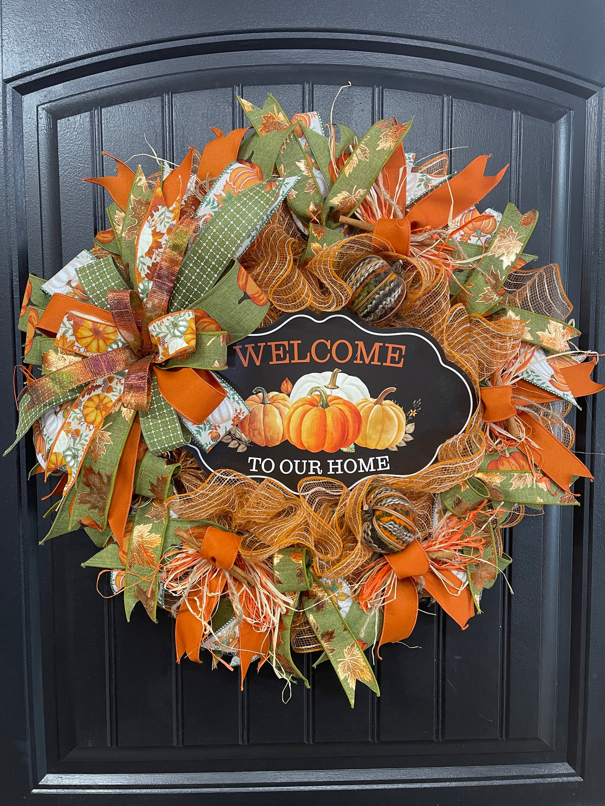Welcome to Our Home Fall Pumpkin Wreath – Handmade Autumn Front Door Décor with Pumpkins, Cinnamon Sticks, Raffia & Rustic Ribbons, KatsCreationsNMore