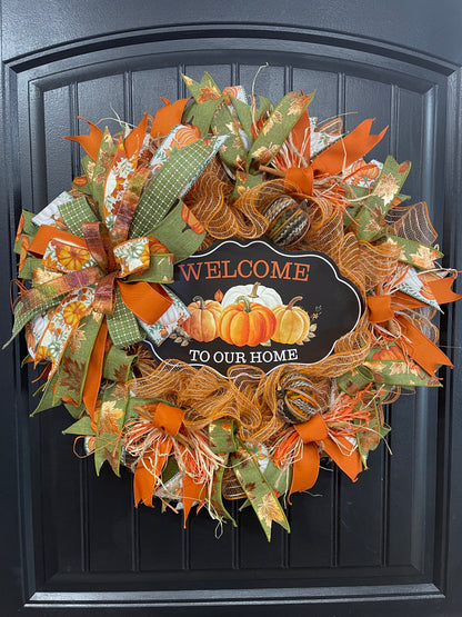 Welcome to Our Home Fall Pumpkin Wreath – Handmade Autumn Front Door Décor with Pumpkins, Cinnamon Sticks, Raffia & Rustic Ribbons, KatsCreationsNMore