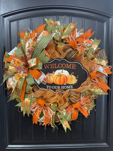 Welcome to Our Home Fall Pumpkin Wreath – Handmade Autumn Front Door Décor with Pumpkins, Cinnamon Sticks, Raffia & Rustic Ribbons, KatsCreationsNMore