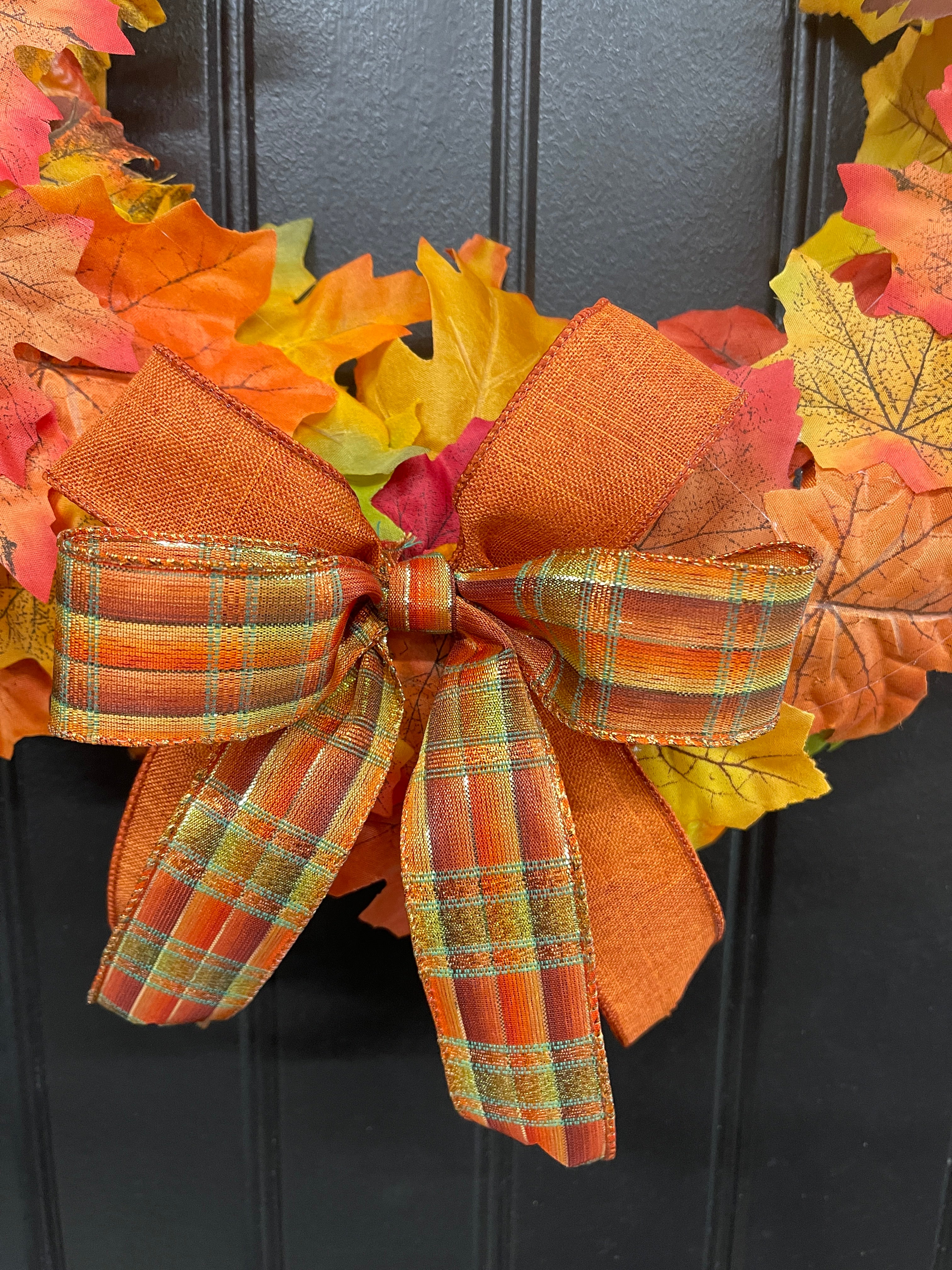 Handmade Fall Wreath – Maple Leaves & Plaid Ribbon – Front Door Ready - Storm Door Friendly - KatsCreationsNMore