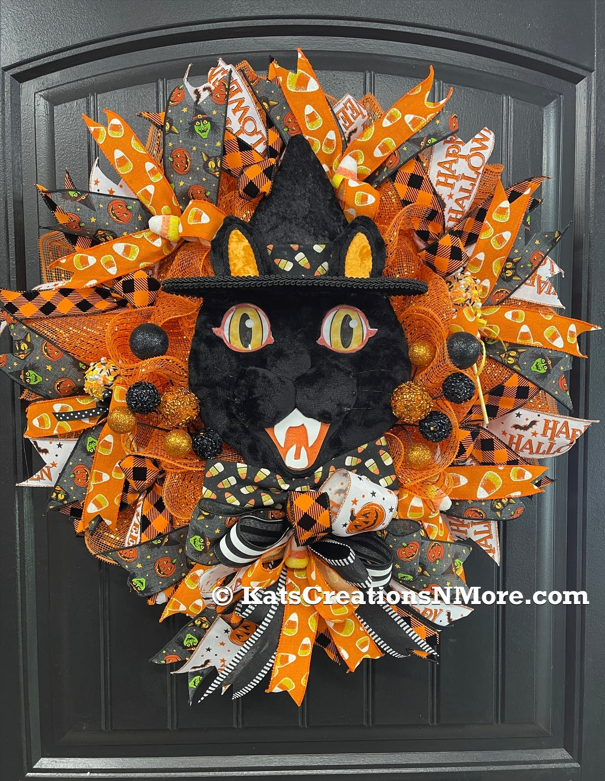 Retro Black Cat Vintage Halloween Wreath for Front Door by KatsCreationsNMore