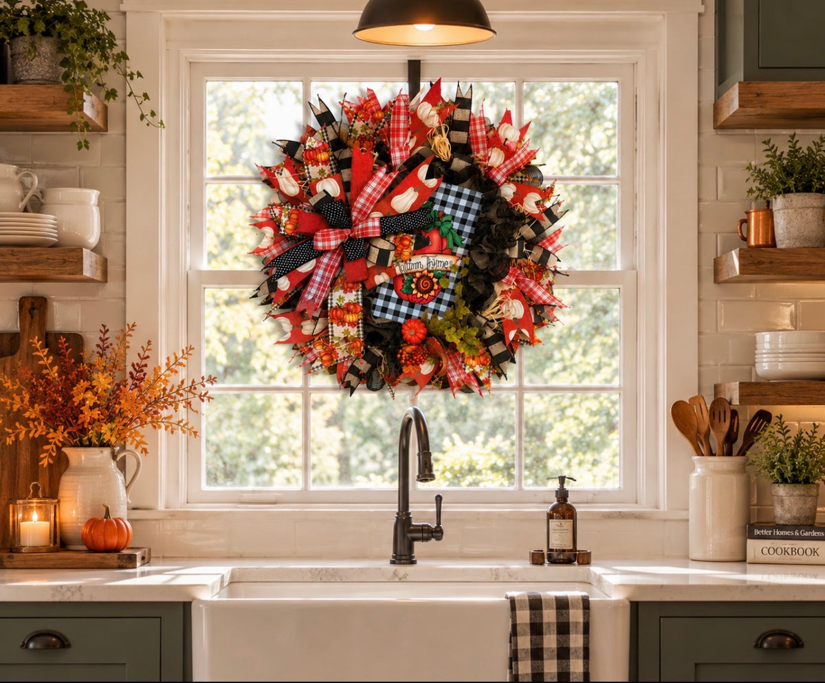 Fall Pumpkin Wreath, Autumn Thyme Crow Front Door Decor