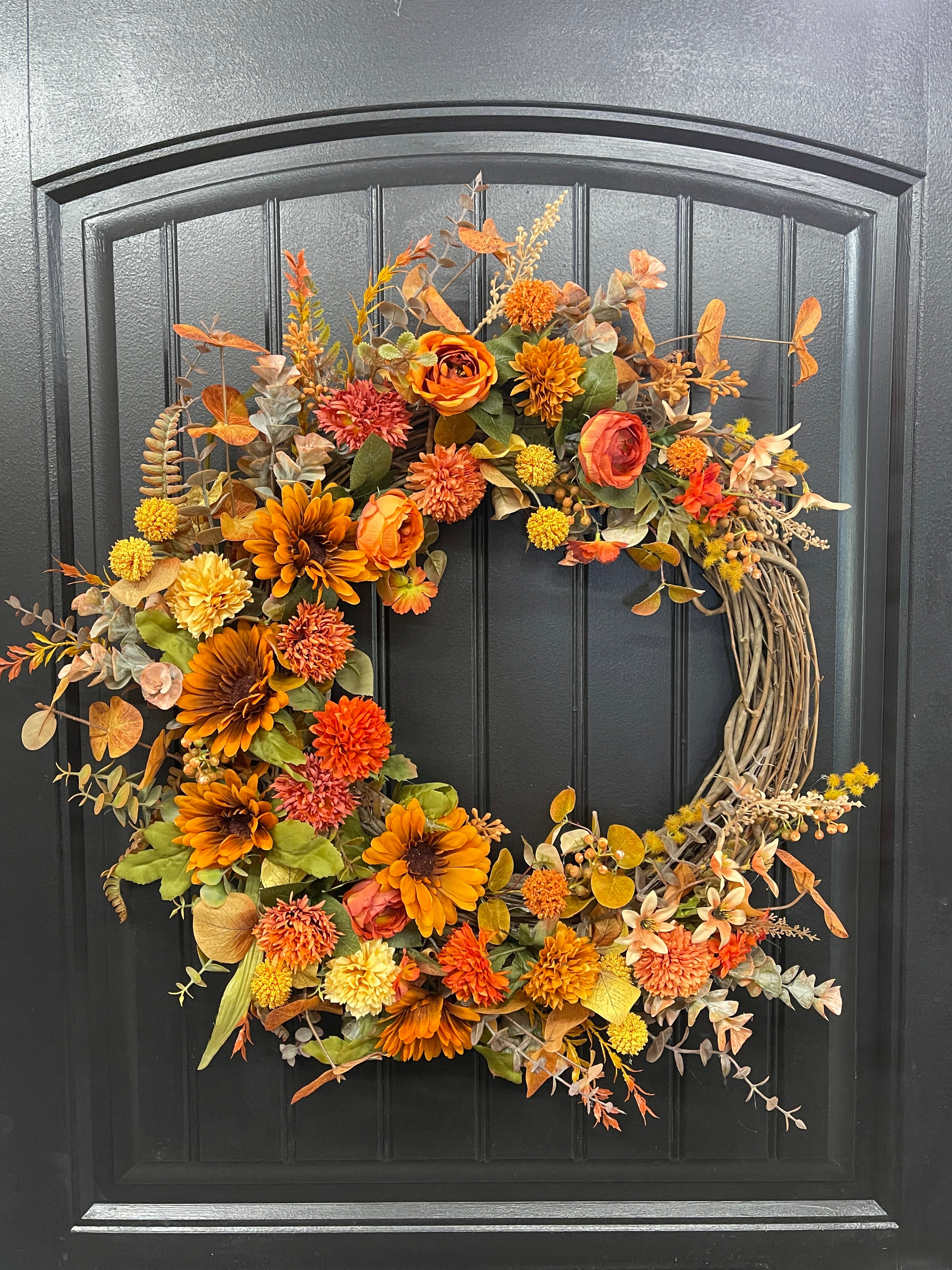 Fall Floral Grapevine, Autumn Front Door Crescent Wreath, KatsCreationsNMore