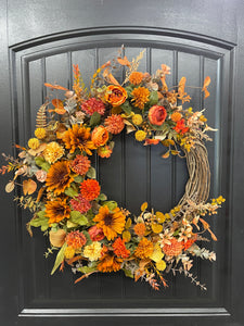 Fall Floral Grapevine, Autumn Front Door Crescent Wreath, KatsCreationsNMore