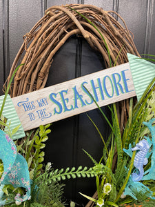 Coastal Grapevine Wreath, Beach Cottage Front Door Decor, This Way to the Seashore, KatsCreationsNMore